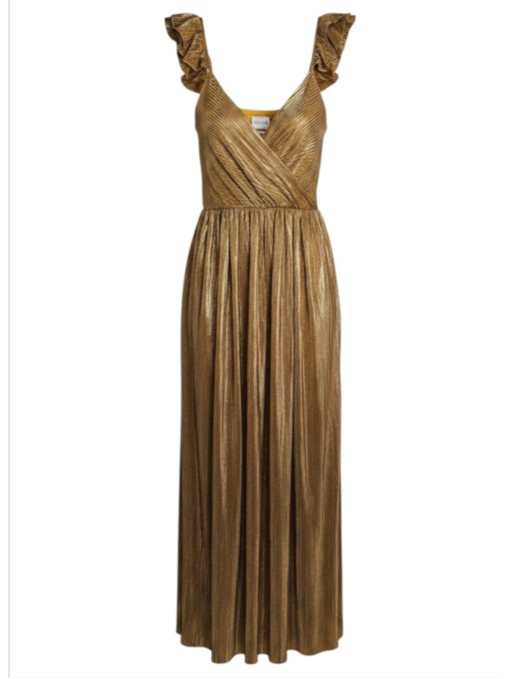 Saylor Imara Maxi Dress Liquid Gold Metallic Pleated Ruffle Straps Large EUC